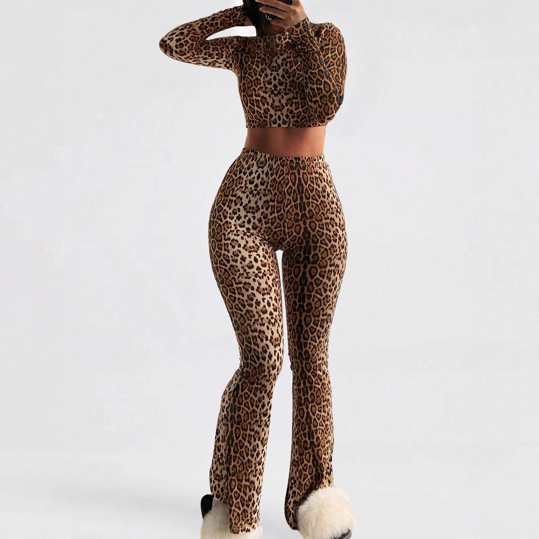 Women's Fall Leopard Print Round Neck Crop Long Sleeve Top High Waist Pants Two-Piece Set