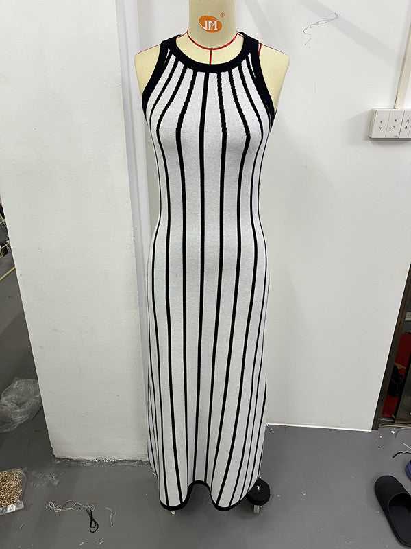 Women retro stripes summer knitting Round Neck sleeveless long dress 6