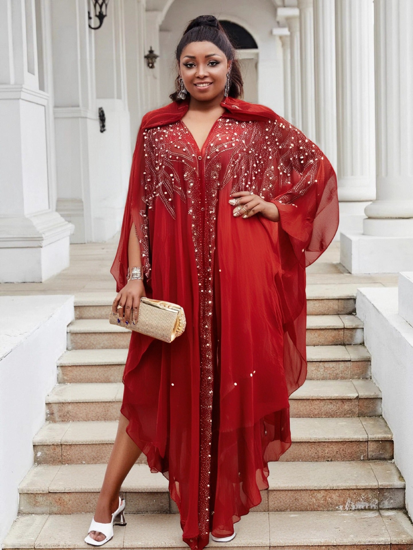 Women Bat Sleeves See-Through Mesh Beaded Beaded Cape Hooded Cape Dress 3