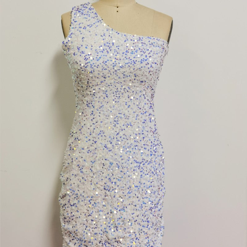Sexy Solid Slash Shoulder Sequin Bodycon Party Dress 8
