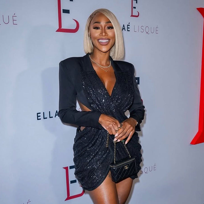 Women Fall Solid Sequined Long-Sleeved Elegant Patchwork Dress 15