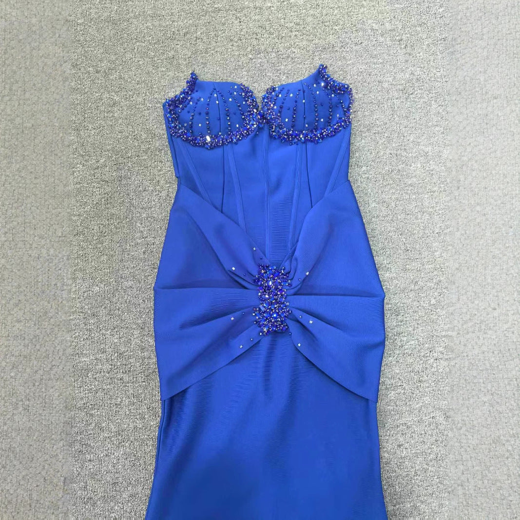 Women Sapphire Blue Beaded Embroidery Strapless Party Evening Dress 4