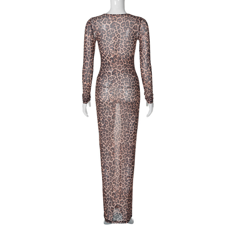 Women Summer Sexy Mesh Print See-Through Long Sleeve Dress 8