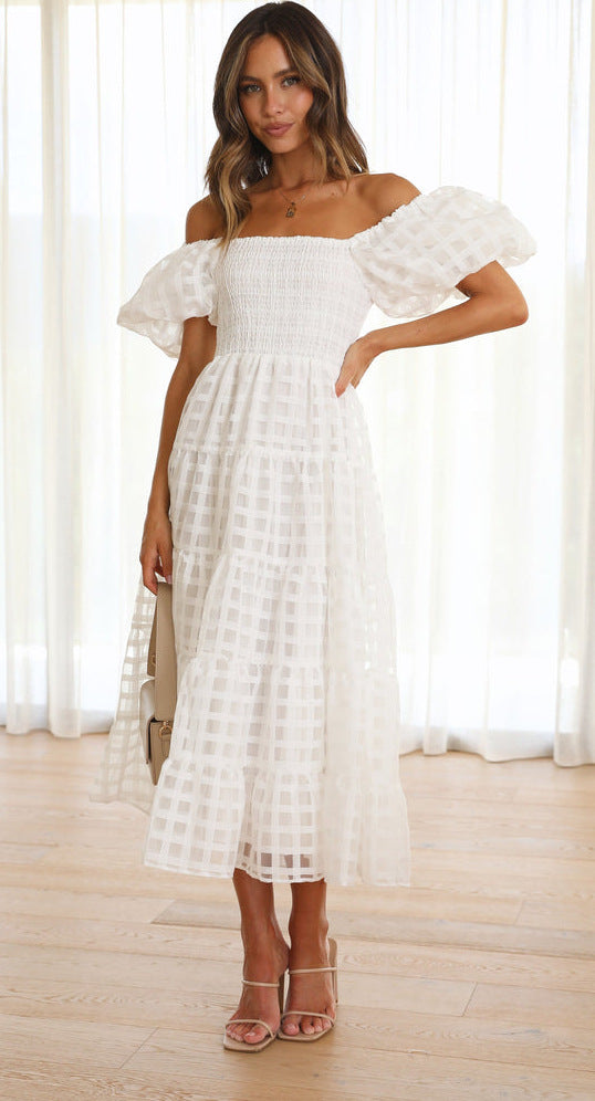 Off-Shoulder Lantern Sleeve Layered Patchwork Maxi Dress 6