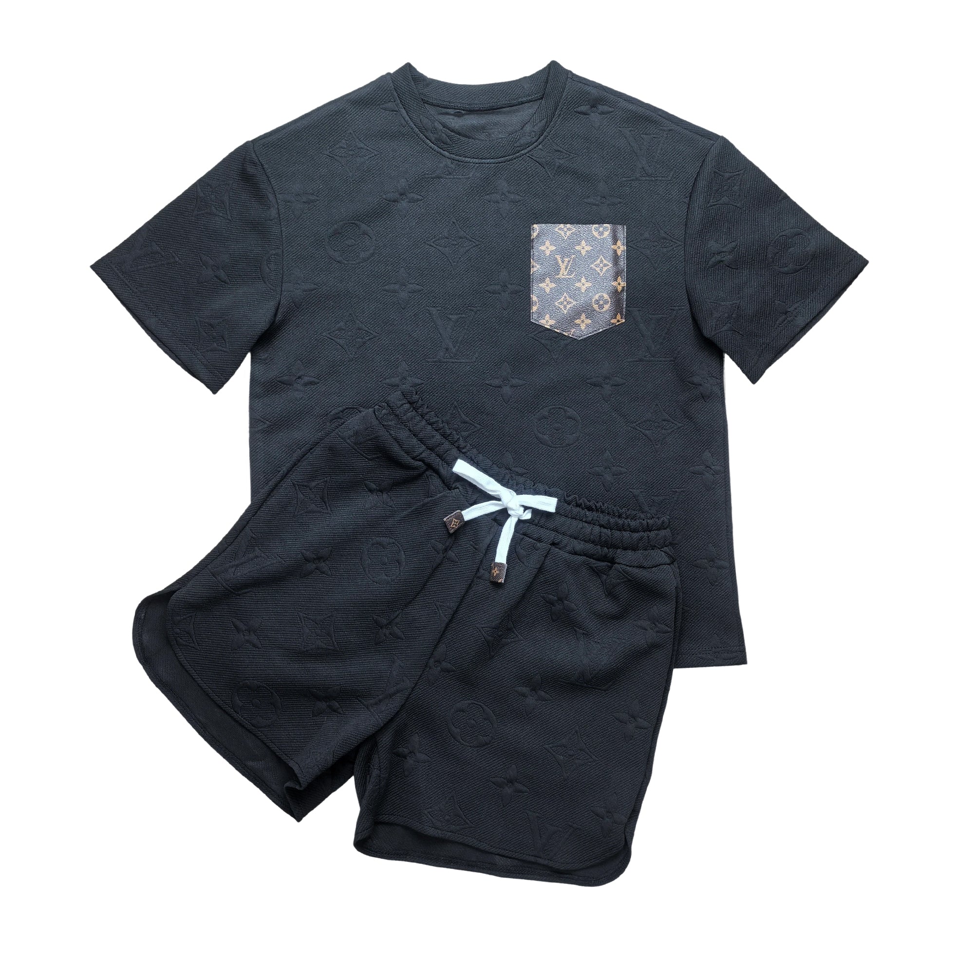 Women casual Pu-Leather pocket jacquard short-sleeved top and shorts sports two-piece set 15