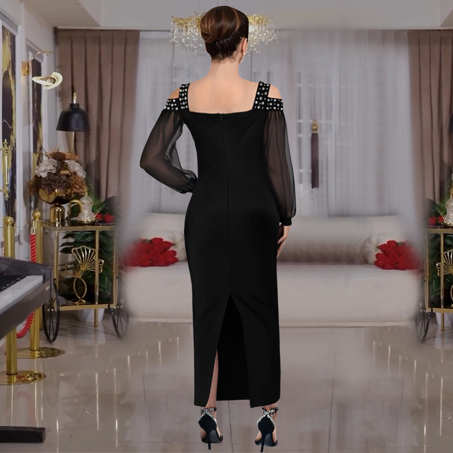 Fashion Women's Elegant Rhinestone Square Neck Mesh Slim Long Dress