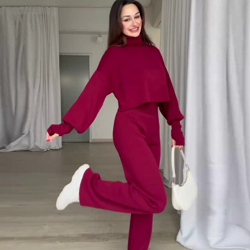 Autumn Casual Long-Sleeved Knitting High-Neck Sweater Trousers Two-Piece Set 4