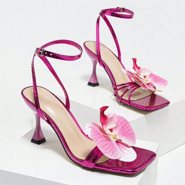 Women Square Toe Flower Cross High Heels 5