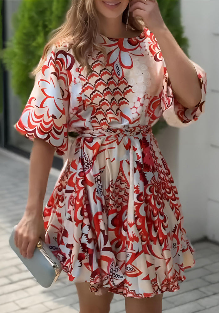 Women Red Abstract Geometric Pattern Puff Sleeve Lace-Up Bell Bottom Dress