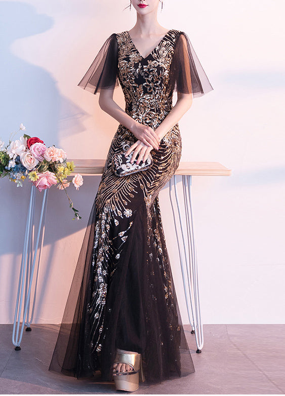 Women Gold Ladies Long Sequins Evening Dress Banquet Mermaid Dress 3