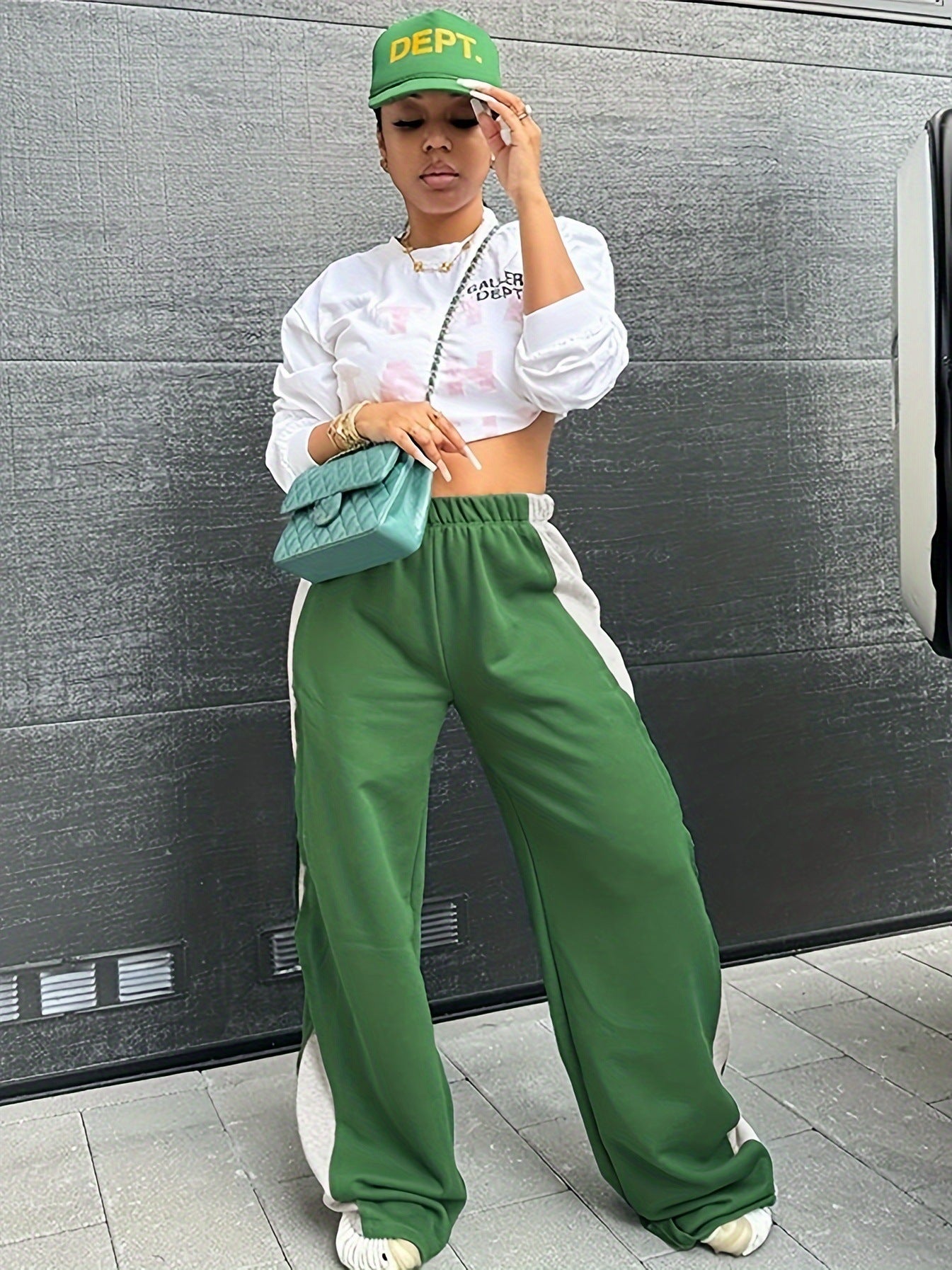 Women Autumn Casual Contrast Patchwork Wide-Leg Pants