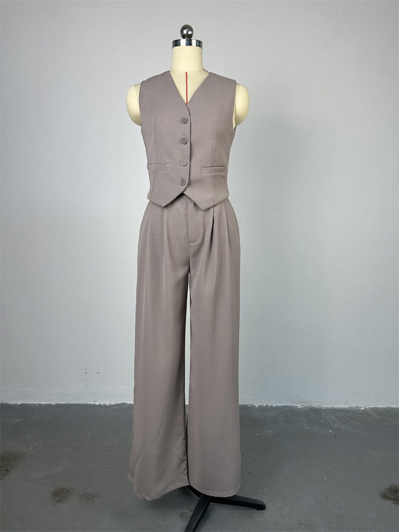 Women 's Spring V-Neck Sleeveless Vest Wide-Leg Trousers Casual Suit 12