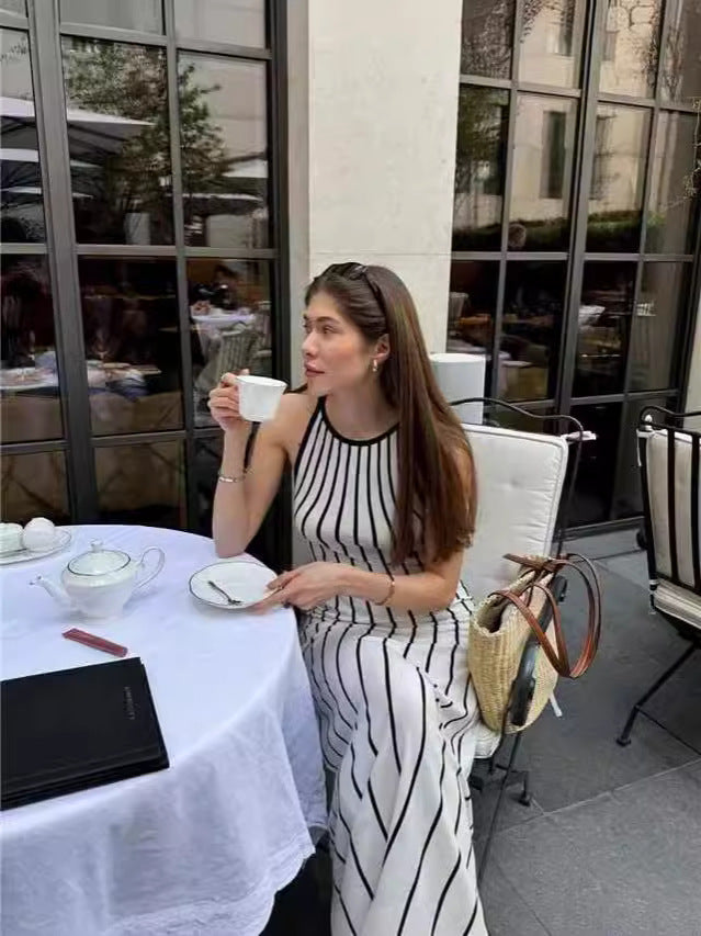 Women retro stripes summer knitting Round Neck sleeveless long dress 3