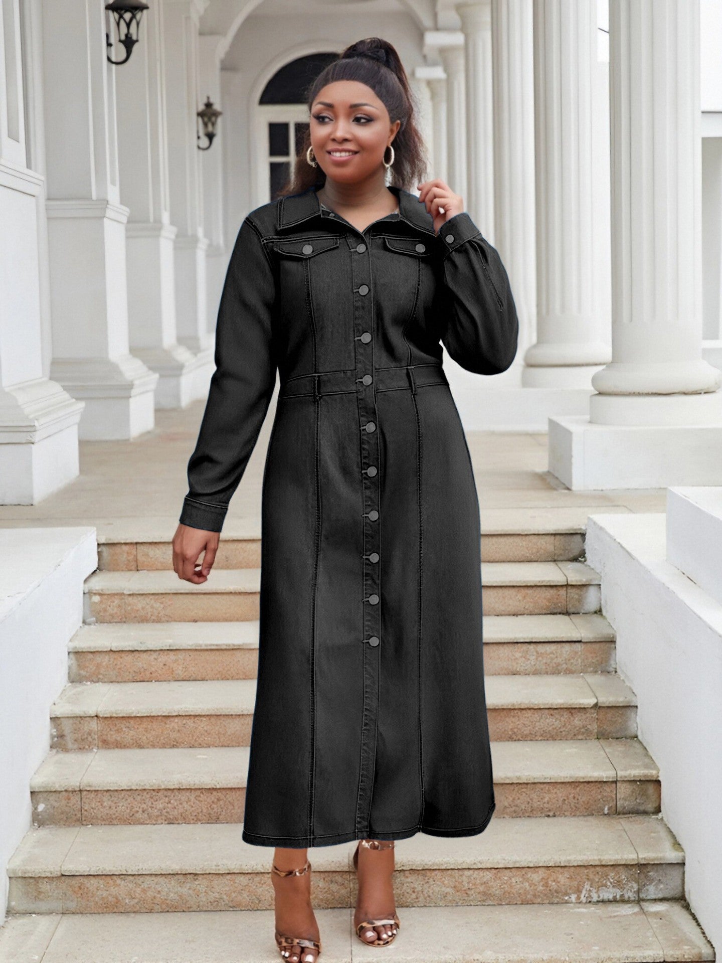 Plus-Size Women Turndown Collar Long-Sleeved Casual Denim Dress 5