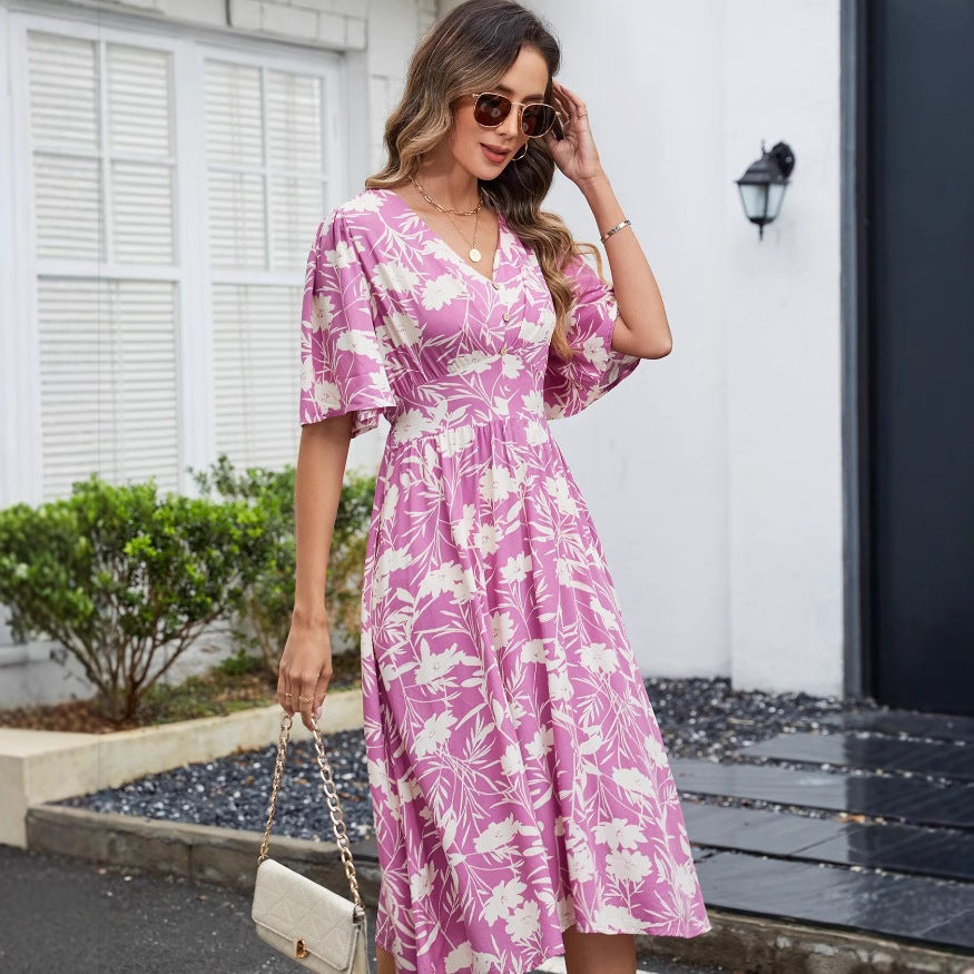 Women Cotton Printed V-Neck Short Sleeve Bohemian Holidays Beach Dress 6