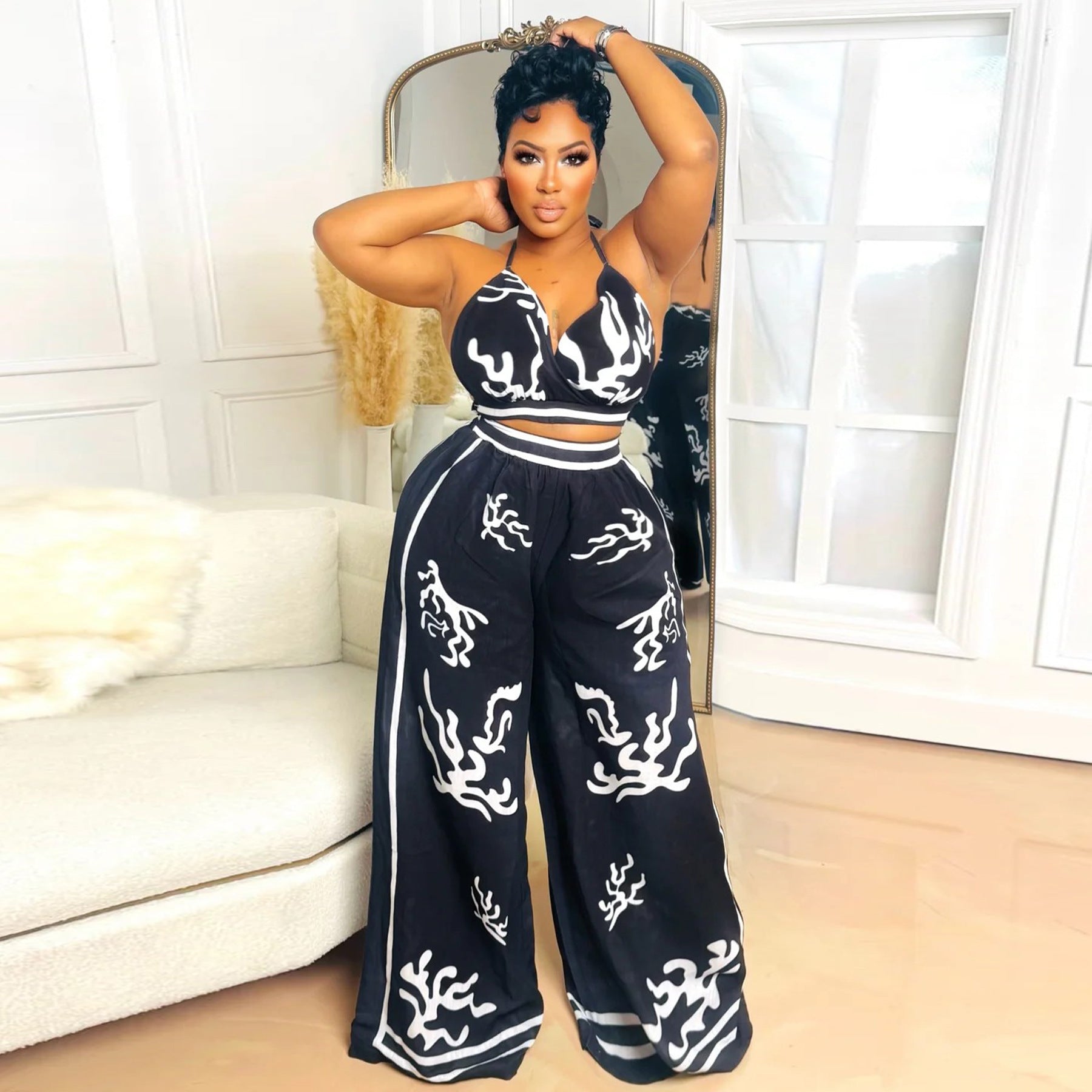 Summer Sexy Print Halter V Neck Vest Wide Leg Pants Two Piece Set 32