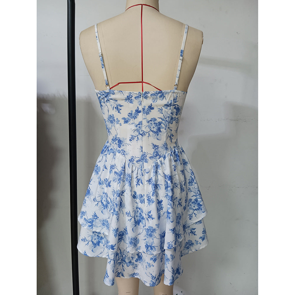 Summer Women's Fashion Print V Neck Sleeveless Strap Cake Short Dress 8