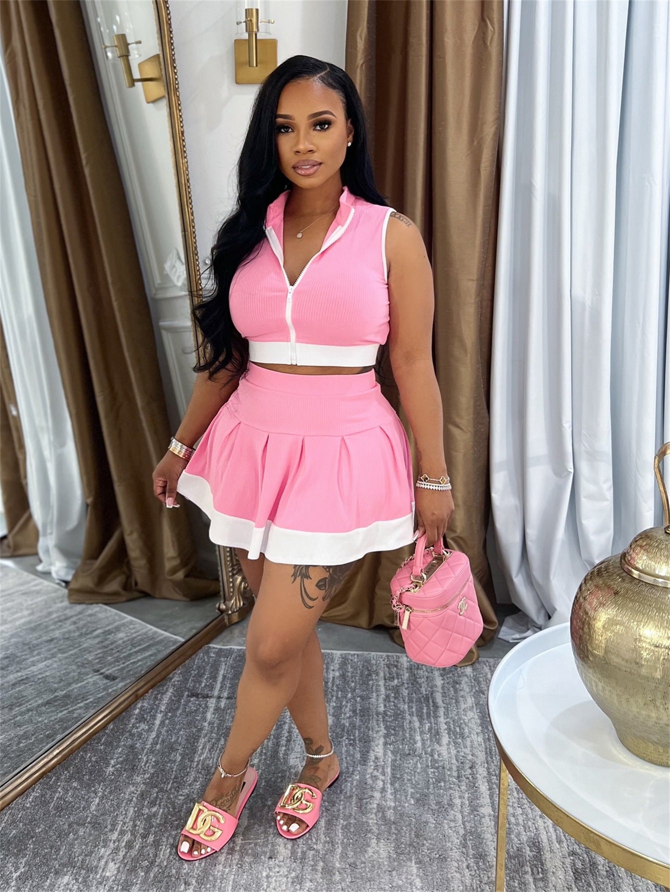 Solid Color Zipper Sleeveless Top Casual Short Skirt Two Piece Set for Women