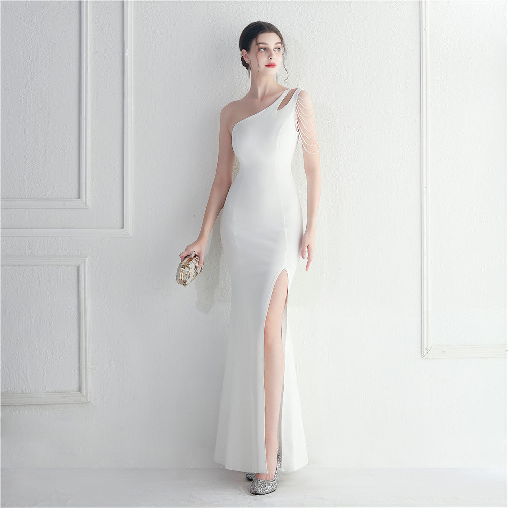 Women Beaded One Shoulder Slash Shoulder Slit Maxi Evening Dress 9