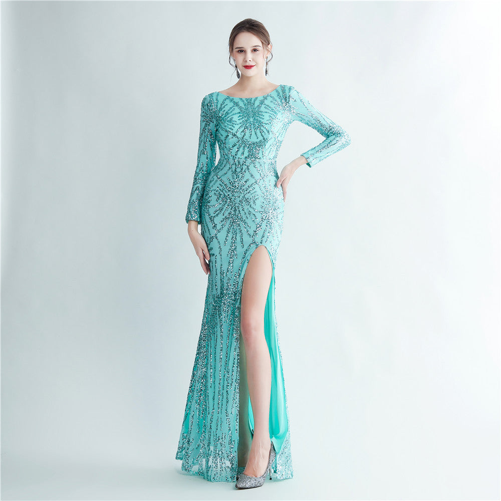 Women Sequin Long Sleeve Slit Evening Dress 25