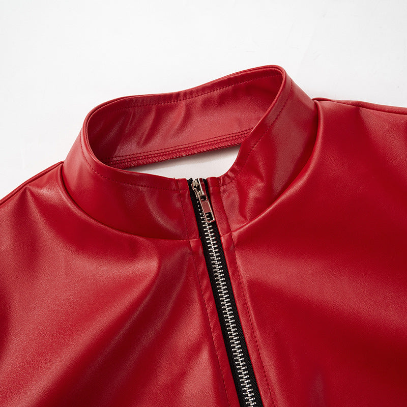 Women nightclub sexy pu Leather jacket Top flower bud SKirt Two Piece Set 11