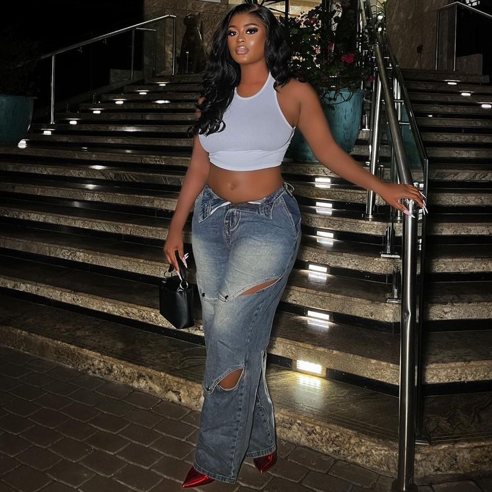 Women Casual button Denim Pants 5