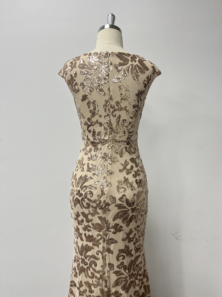 Women Square Neck Mermaid Rose Gold Pattern Sequin Sleeveless Party Evening Dress 12