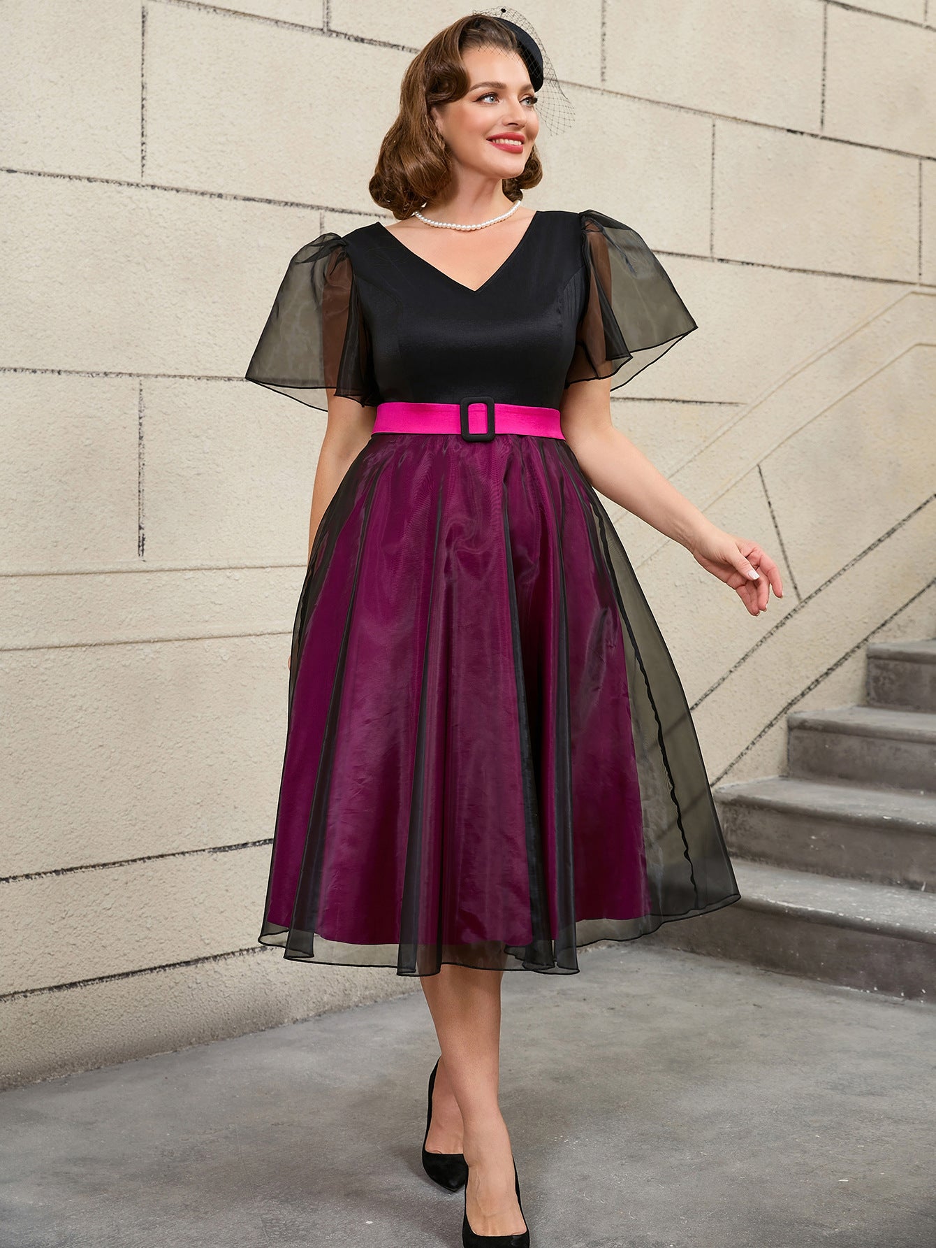 Plus Size Mesh Patchwork V-Neck A-Line Party Dress 7