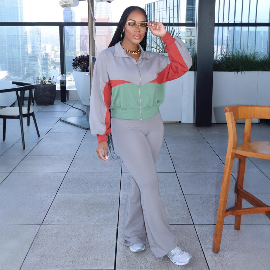 Autumn And Winter Women's Long Sleeve Zipper Jacket Tight Fitting Bell Bottom Pants Two-Piece Set 11