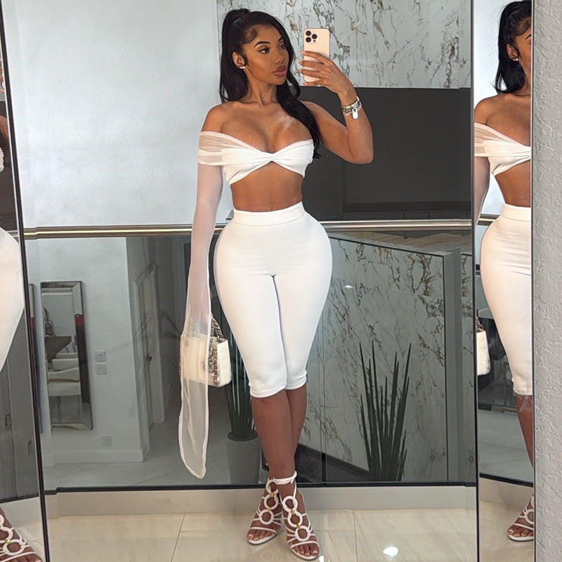 Women's Spring-Summer See-Through Mesh One-Sleeve Slim Tight Two-Piece Shorts Set 3