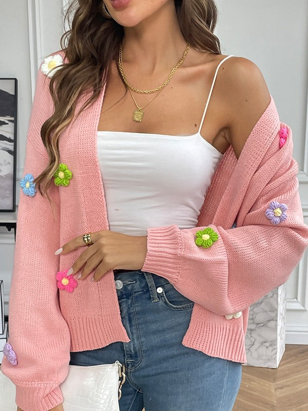 Flower Sweet Knitting Cardigan Sweater Jacket For Women Lazy Style Casual Loose Sweater