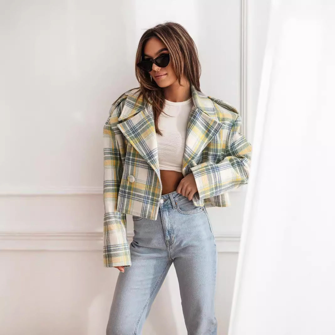 Women Fall/Winter Turndown Collar Plaid Print Jacket 7