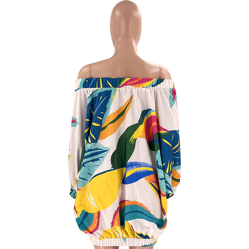 plus size off shoulder printed bat long sleeve loose dress 15