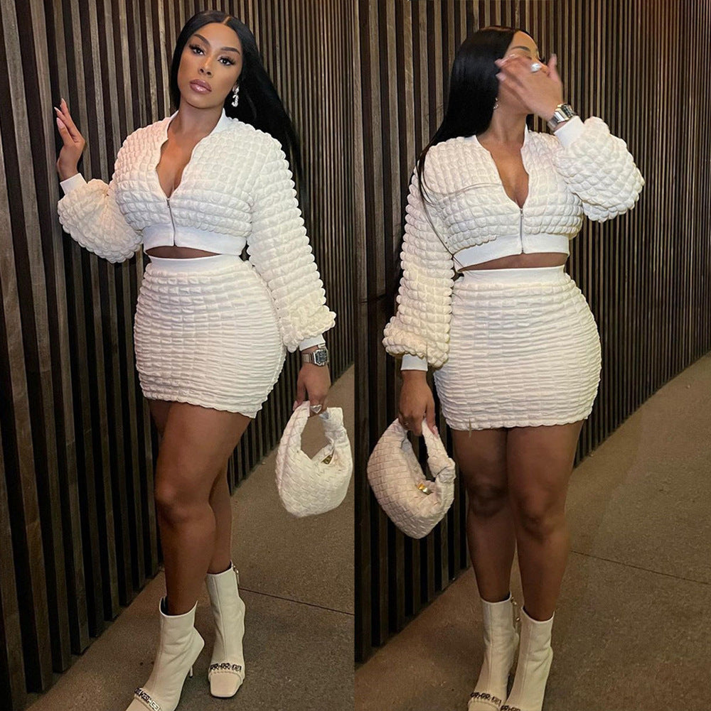 Women's Fashion Casual Fit Puff Zip Top Bodycon Skirt Two Piece Set 3