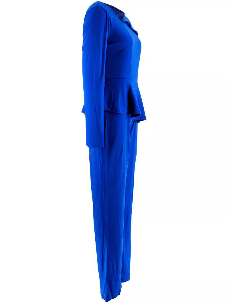 Women Long Sleeve Asymmetric Collar Elegant Jumpsuit 4