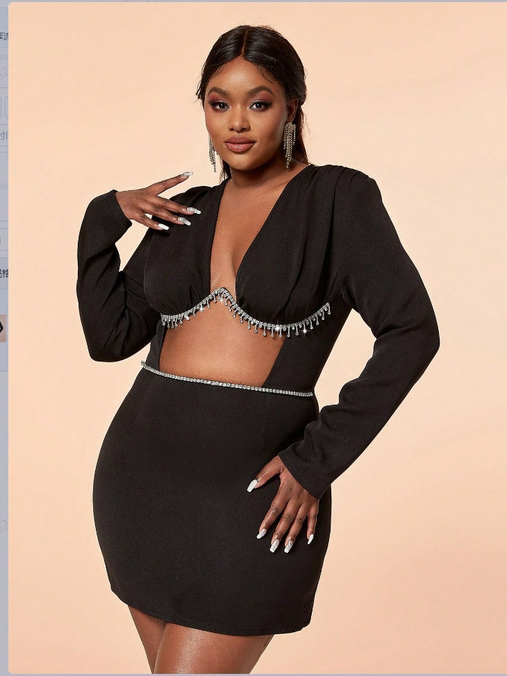 Plus Size Women Dress Hollow Design Diamond Chain Decoration Party Dress Cocktail Pleated Dress