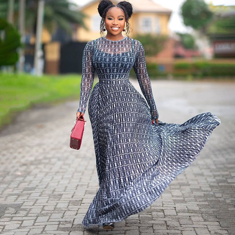 Women's Summer Print Street Round Neck Long Sleeve Slim Waist Sheer A-Line Dress 4