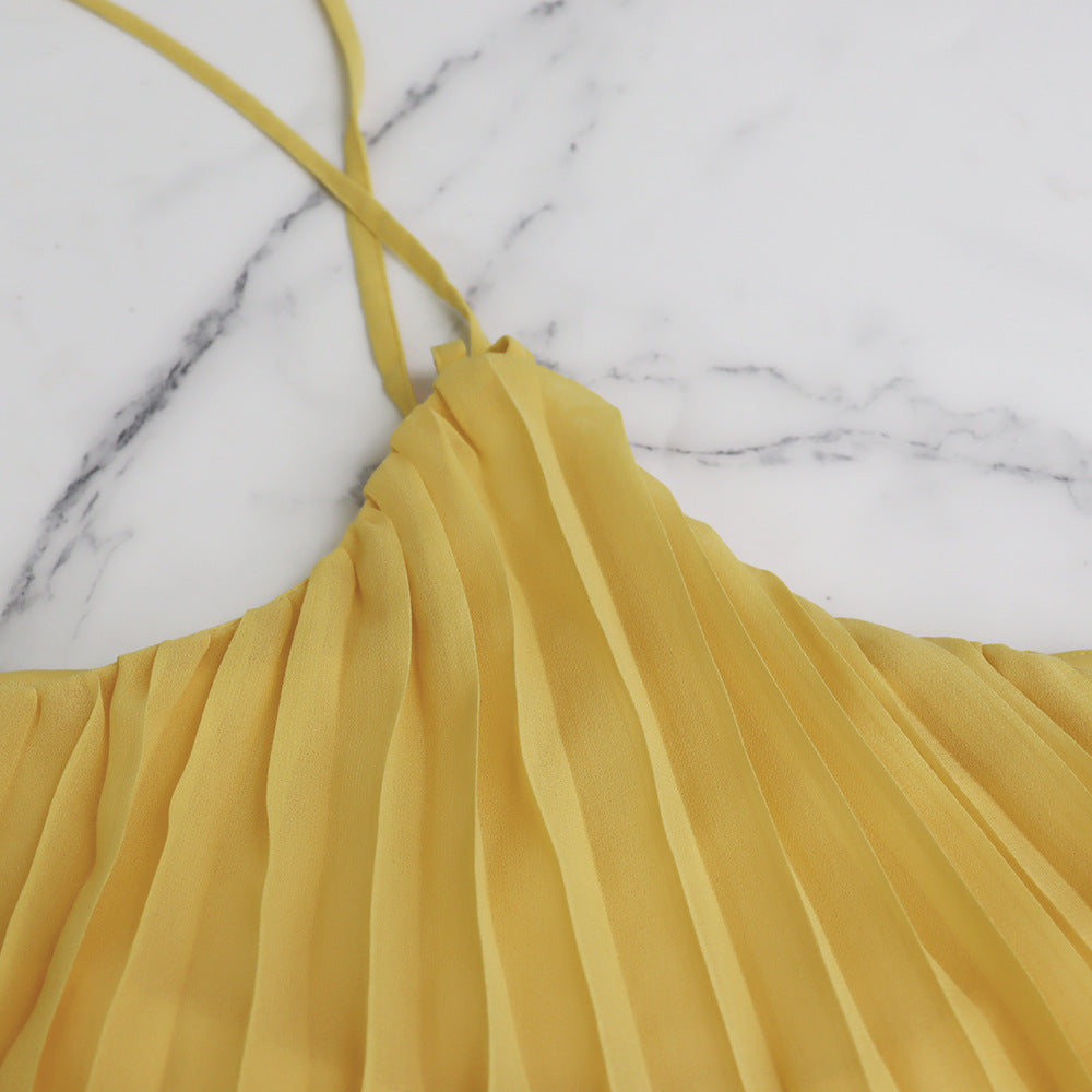 Sexy Low Back Halter Neck Tank Top Pleated Maxi Skirt Two-Piece Set 16