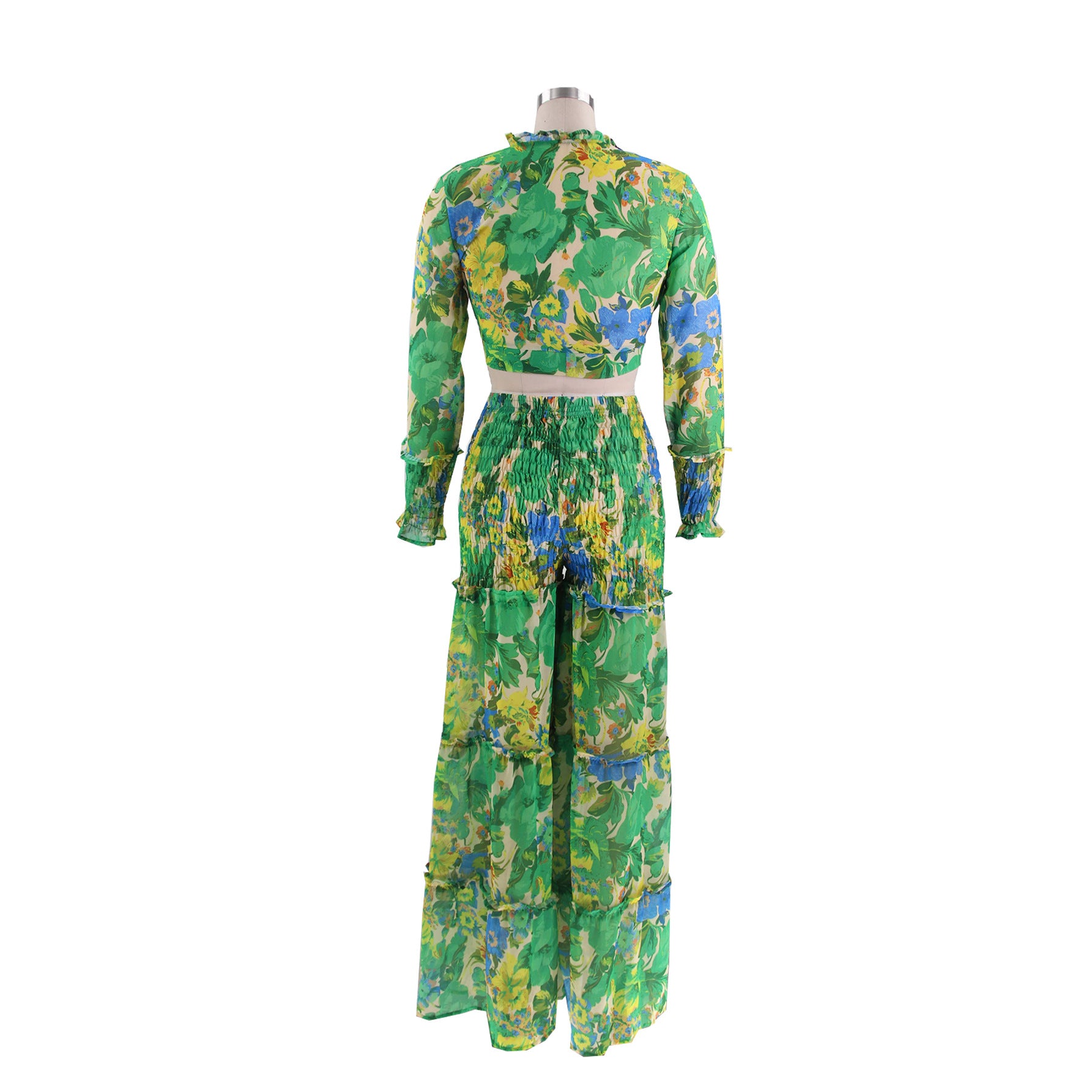 Women chiffon irregular printed long-sleeved top and wide-leg pants Casual two-piece set 22