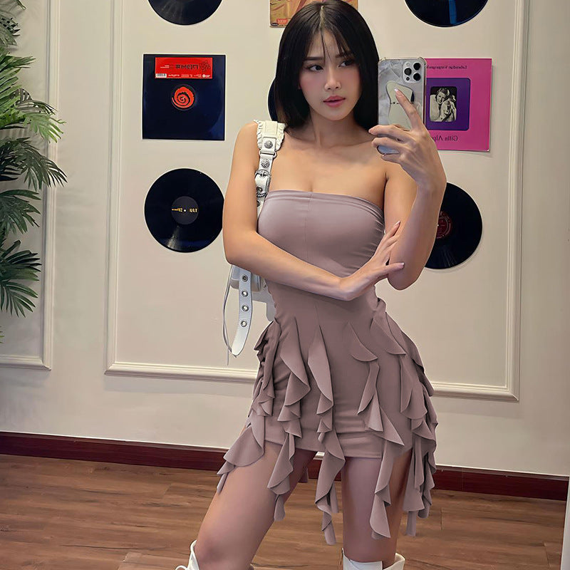 Ladies Spring Strapless Tight Fitting Lace Tassel Sexy Bodycon Dress 3