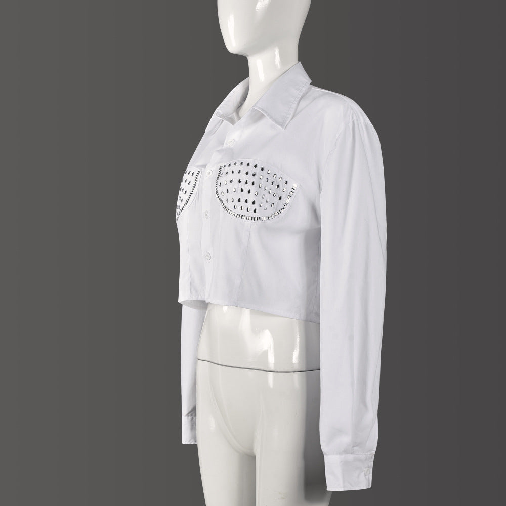 Women Fall Beaded Turndown Collar Long Sleeve Shirt 11