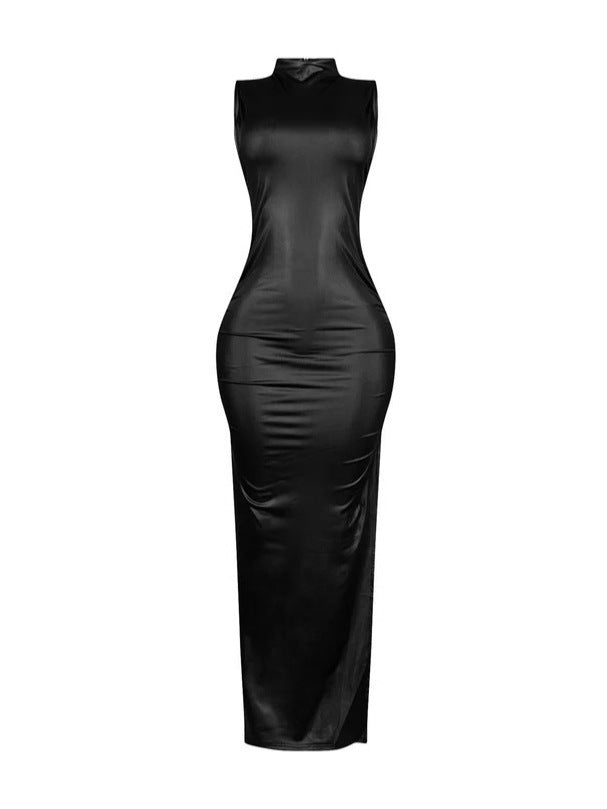 Women's Sleevelesss Slim Slit Pu Leather Long Dress 4