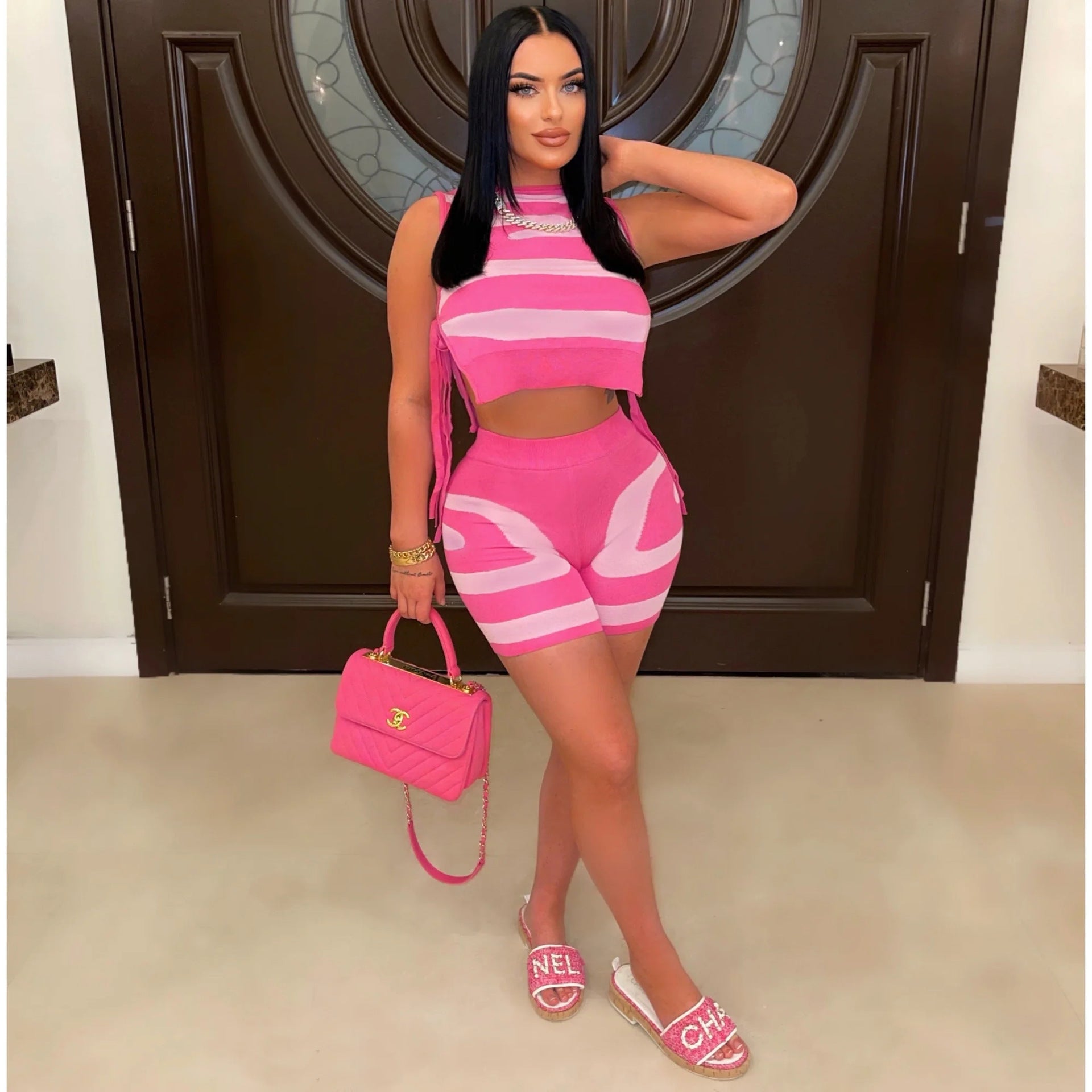 Women Sleeveless Tank Top Lace-Up Printed Casual Top and Shorts Two-Piece Set 12