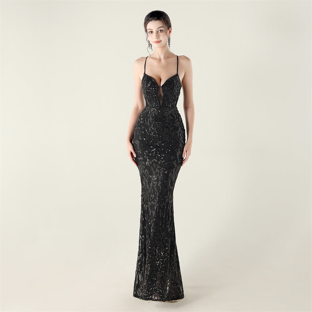 Embroidery Sequin Slim Waist Lace-Up Deep V Neck Strap Formal Party Evening Dress 6