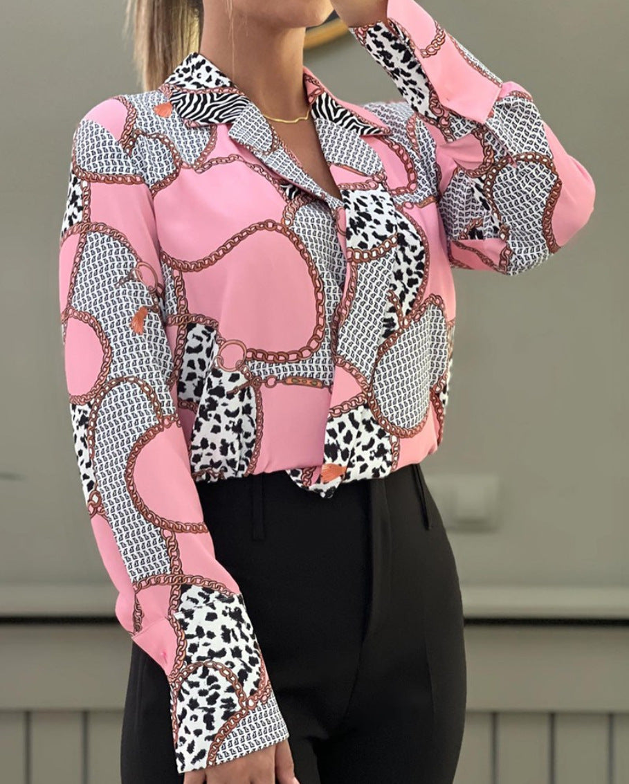 Autumn Loose Long-Sleeved V-Neck Pullover Printed Shirt For Women 5