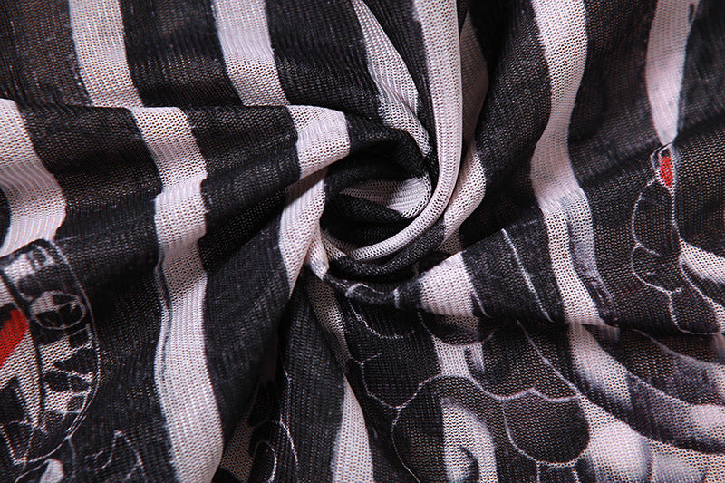 Women sexy mesh See-Through printed Top and high-waisted Casual trousers two-piece set 20