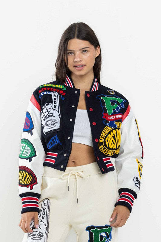 Women Long Sleeve Printed Ribbed Patchwork Baseball Jacket 4
