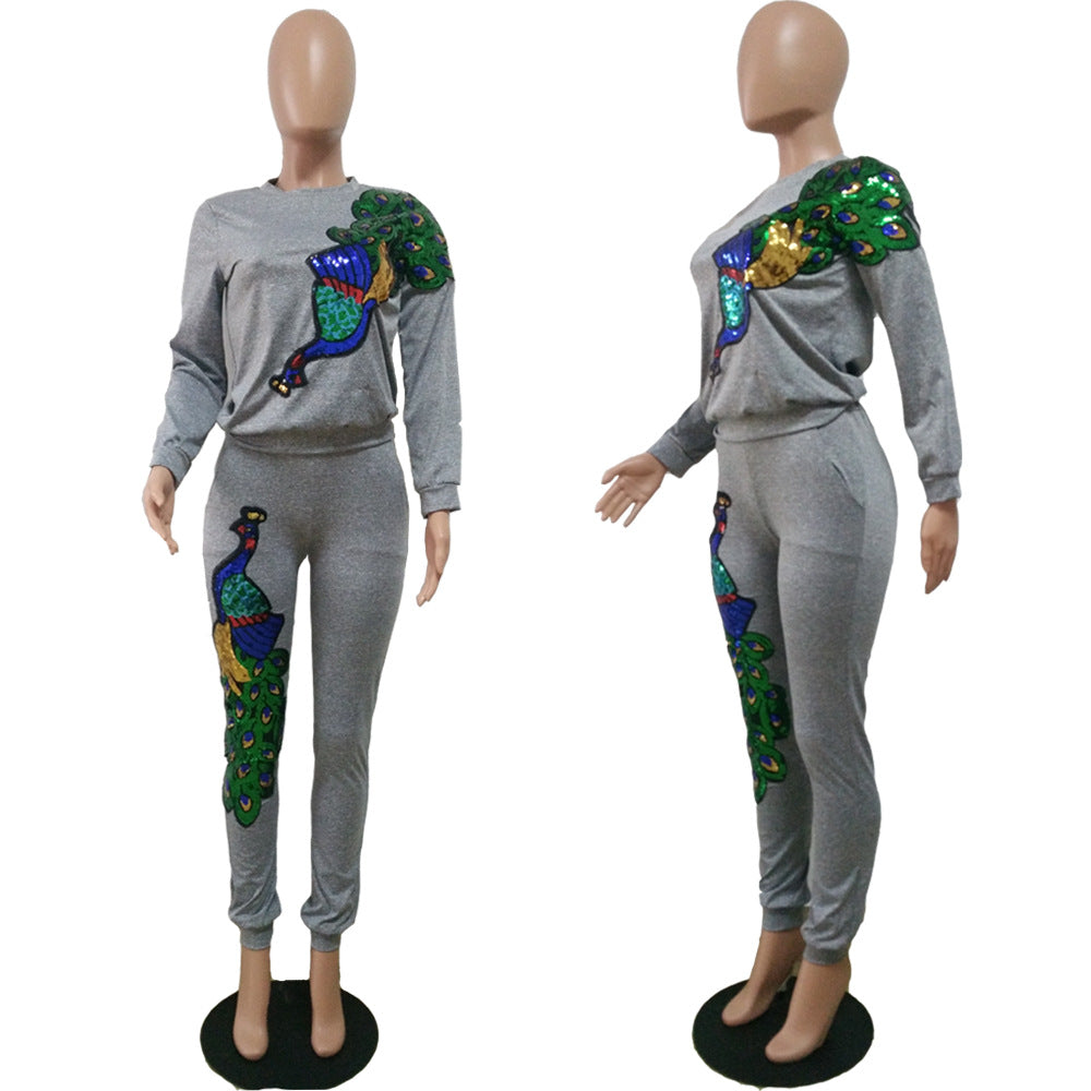 Women's Autumn and Winter Fashionable Peacock Sequin Patchwork Two-piece Pants Set 11