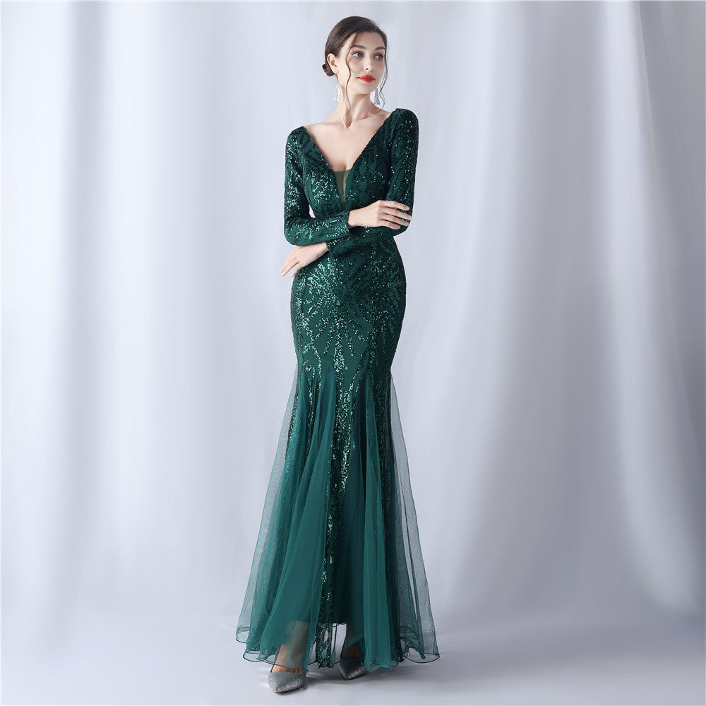 Women mesh sequin wedding dinner long-sleeved evening dress 4