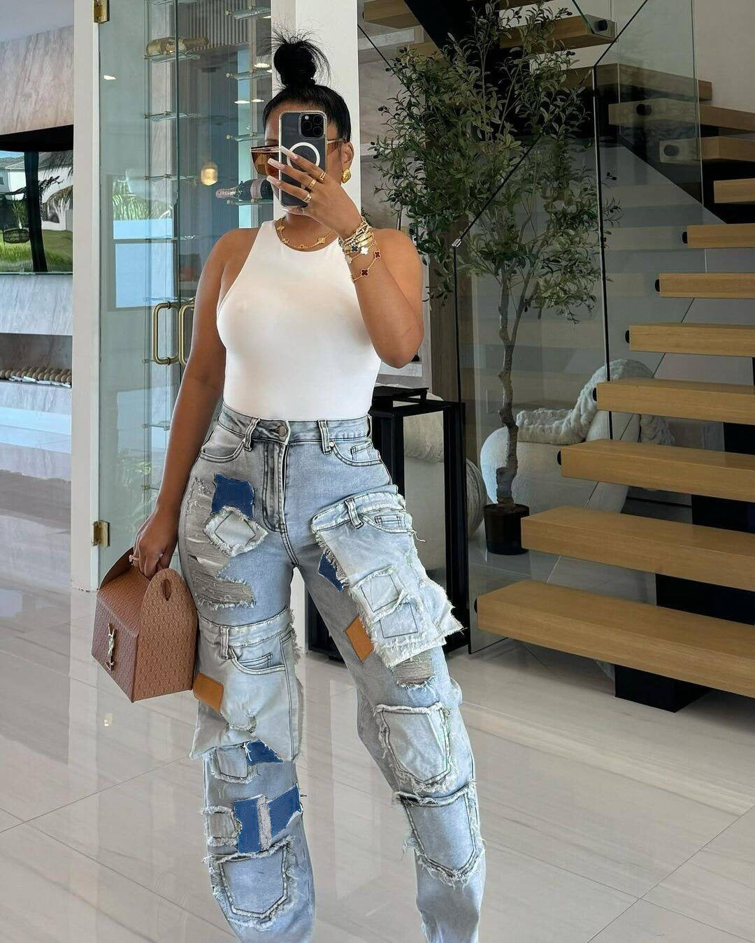 Women's Fashion Loose Straight Leg Washed Multi-Pocket Patchwork Applique Washed Street Denim Pants